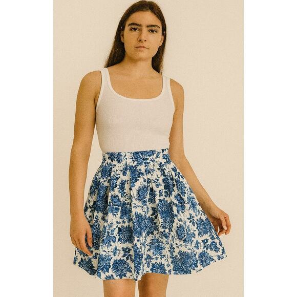 White Blue Harajuku Floral Skirts Women's Punk Cotton Vintage Pleated Skirt SZ S - Picture 1 of 10